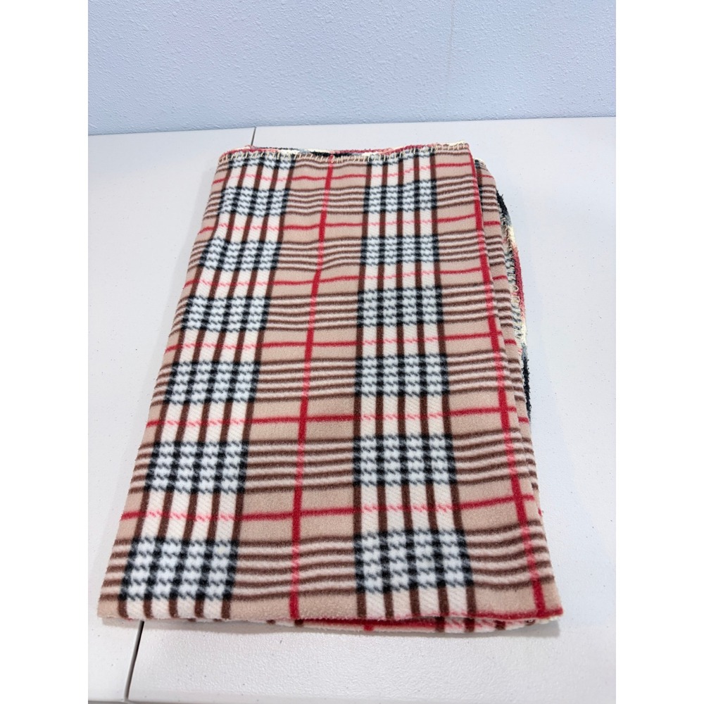Plaid Fleece Throw Blanket Tan Red Black Whipstitch Edge Lap Blanket OS